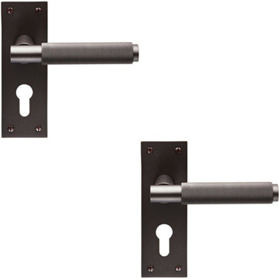 2x PAIR Knurled Round Handle on Slim Euro Lock Backplate 150 x 50mm Matt Bronze