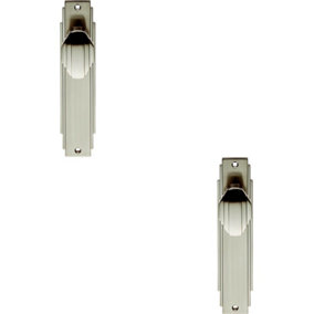 2x PAIR Line Detailed Door Knob on Latch Backplate 205 x 45mm Satin Nickel