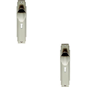 2x PAIR Line Detailed Door Knob on Lock Backplate 205 x 45mm Satin Nickel
