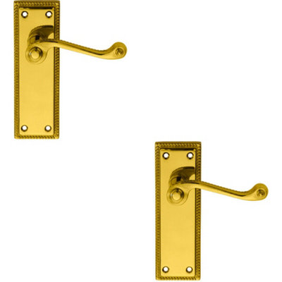 2x PAIR Reeded Design Scroll Lever on Latch Backplate 150 x 48mm Polished Brass