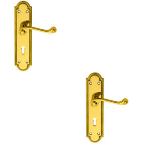 2x PAIR Reeded Scroll Handle on Shaped Lock Backplate 205 x 49mm Polished Brass