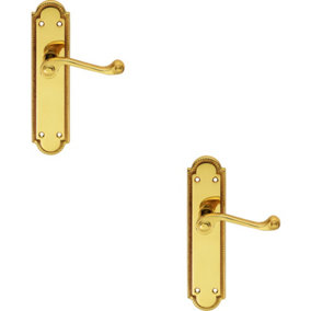 2x PAIR Reeded Scroll Lever on Shaped Latch Backplate 205 x 49mm Polished Brass