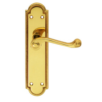 2x PAIR Reeded Scroll Lever on Shaped Latch Backplate 205 x 49mm Polished Brass
