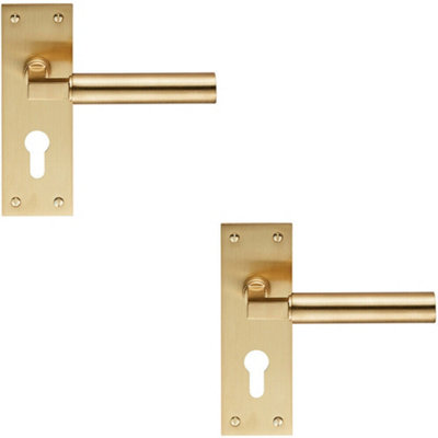 2x PAIR Round Bar Handle on Slim Euro Lock Backplate 150 x 50mm Satin Brass