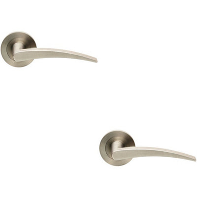 2x PAIR Slim Arched Flat Lever on Round Rose Concealed Fix Satin Stainless Steel
