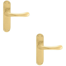 2x PAIR Smooth Rounded Handle on Shaped Latch Backplate 185 x 42mm Satin Brass