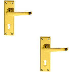 2x PAIR Straight Victorian Handle on Lock Backplate 150 x 42mm Polished Brass
