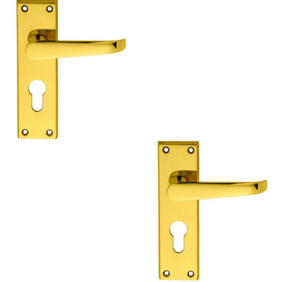 2x PAIR Straight Victorian Lever on Euro Lock Backplate 150 x 43mm Brass