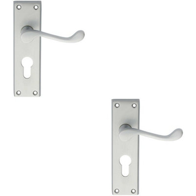 2x PAIR Victorian Scroll Handle on Euro Lock Backplate 150 x 43mm Satin Chrome