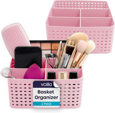 2x Pink Plastic Vanity Storage Basket - 5-Grid Makeup Organiser for Bathroom, Bedroom, and Dressing Table