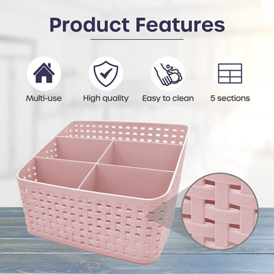2x Pink Plastic Vanity Storage Basket - 5-Grid Makeup Organiser for Bathroom