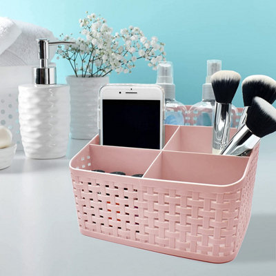 2x Pink Plastic Vanity Storage Basket - 5-Grid Makeup Organiser for Bathroom - 4