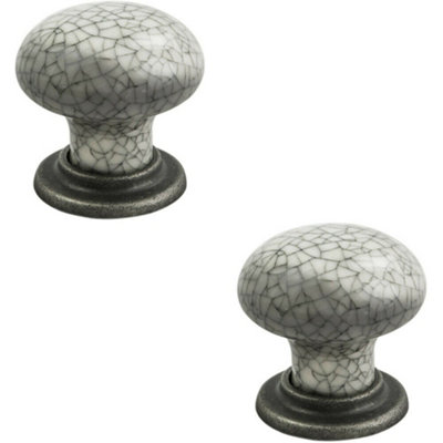 2x Porcelain Mushroom Cupboard Door Knob 36mm Dia Antique Steel Blue Glaze