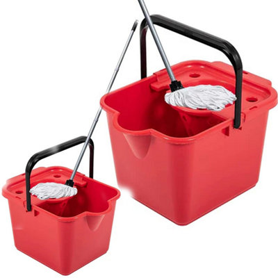2x Red 12 Litre Cotton Mop & Bucket Hard Floor Cleaning Set With Wringer & Pouring Lip