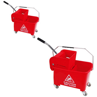 2x Red Wet Floor 20 Litre Strong Durable Kentucky Dual Bucket & Wringer Floor Cleaning System With Wheels & Handle