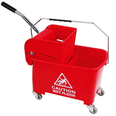 2x Red Wet Floor 20 Litre Strong Durable Kentucky Dual Bucket & Wringer Floor Cleaning System With Wheels & Handle - 3