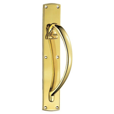 2x Right Handed Curved Door Pull Handle 457 x 75mm Backplate Polished Brass