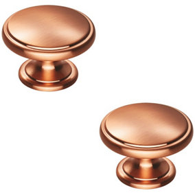 2x Ring Domed Cupboard Door Knob 38.5mm Diameter Satin Copper Cabinet Handle