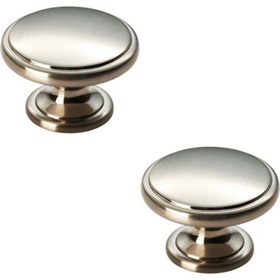 2x Ring Domed Cupboard Door Knob 38.5mm Diameter Satin Nickel Cabinet Handle