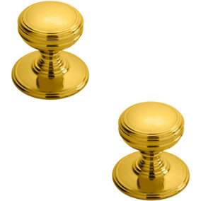 2x Ringed Tiered Cupboard Door Knob 38mm Diameter Polished Brass Cabinet Handle