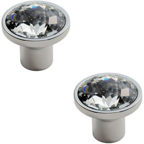 2x Round Faceted Crystal Cupboard Door Knob 34mm Diameter Polished Chrome