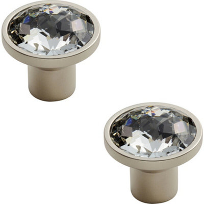 2x Round Faceted Crystal Cupboard Door Knob 34mm Diameter Satin Nickel