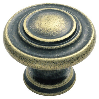 2x Round Ringed Pattern Door Knob 32mm Diameter Antique Brass