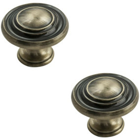 2x Round Ringed Pattern Door Knob 32mm Diameter Antique Burnished Brass Handle