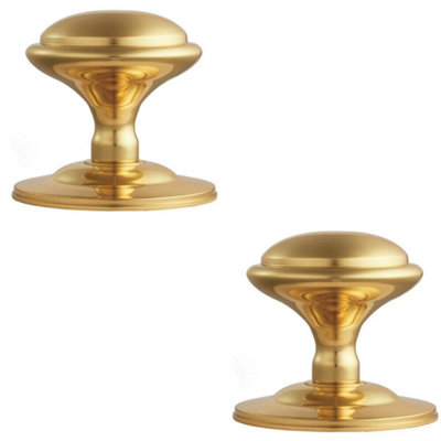 2x Round Victorian Centre Door Knob Polished Brass 85mm Rose Outdoor Handle