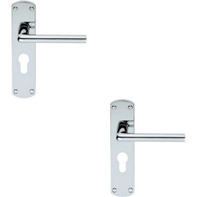 2x Rounded Straight Bar Lever on Euro Lock Backplate 170 x 42mm Polished Chrome