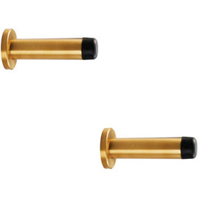 2x Rubber Tipped Doorstop Cylinder with Rose Wall Mounted 70mm Satin Brass