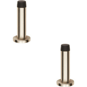 2x Rubber Tipped Doorstop Cylinder with Rose Wall Mounted 71mm Satin Nickel