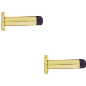 2x Rubber Tipped Doorstop Cylinder with Rose Wall Mounted 83mm Polished Brass