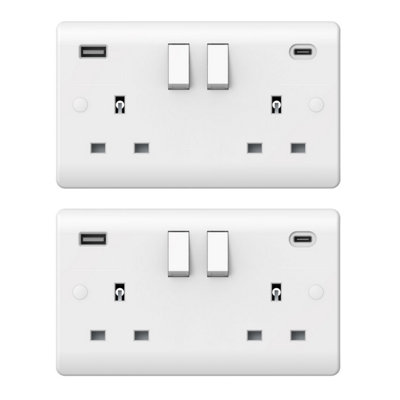 2x Securlec 2 Gang Double Switched USB Wall Plug Socket Double Pole 13A 250V White
