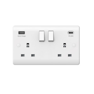 2x Securlec 2 Gang Double Switched USB Wall Plug Socket Double Pole 13A 250V White