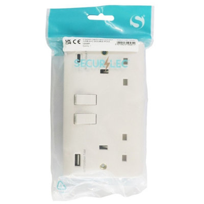 2x Securlec 2 Gang Double Switched USB Wall Plug Socket Double Pole 13A 250V White
