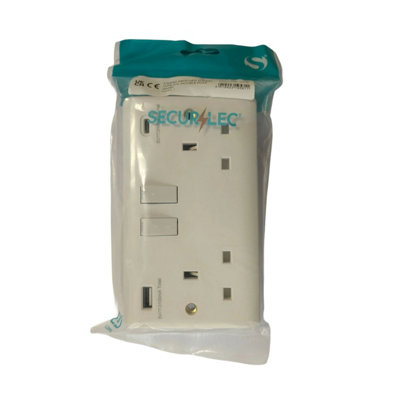 2x Securlec 2 Gang Double Switched USB Wall Plug Socket Double Pole 13A 250V White
