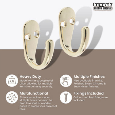 2X Single Robe Coat Hooks with Screws, Polished Brass, Door & Wall ...