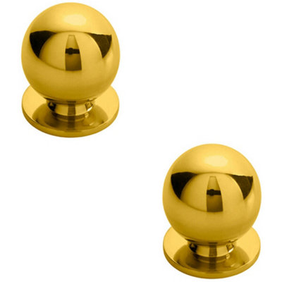 2x Solid Ball Cupboard Door Knob 25mm Diameter Polished Brass
