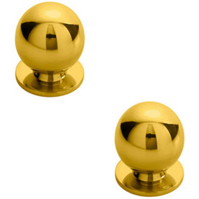 2x Solid Ball Cupboard Door Knob 25mm Diameter Polished Brass Cabinet Handle