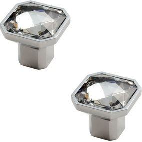 2x Square Faceted Crystal Cupboard Door Knob 32 x 32 x 32mm Polished Chrome