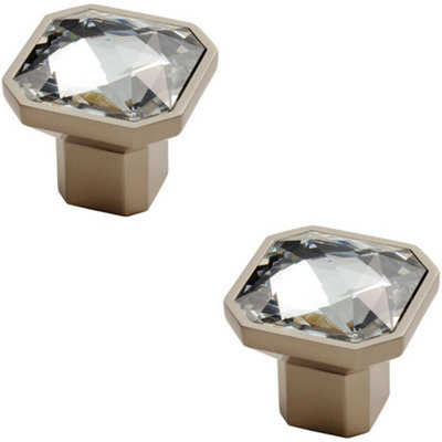 2x Square Faceted Crystal Cupboard Door Knob 32 x 32 x 32mm Satin Nickel Handle