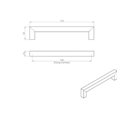 2x Square Linear Block Pull Handle 174 x 14mm 160mm Fixing Centres ...