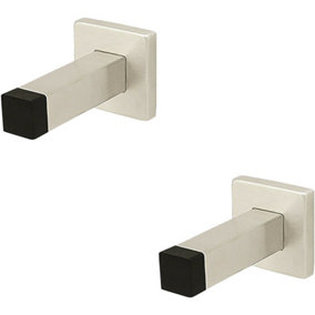2x Square Wall Mounted Doorstop on Square Rose Rubber Tip 85mm Satin Steel