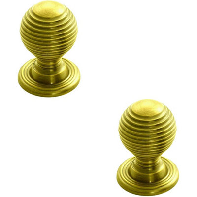 2x Textured Reeded Ball Cupboard Door Knob 28mm Dia Polished Brass