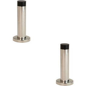 2x Wall Mounted Doorstop Cylinder on Rose Rubber Tip 102 x 22mm Bright Steel