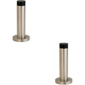 2x Wall Mounted Doorstop Cylinder on Rose Rubber Tip 102 x 22mm Satin Steel