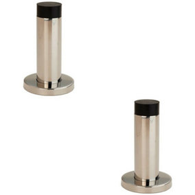 2x Wall Mounted Doorstop Cylinder on Rose Rubber Tip 76 x 22mm Bright Steel