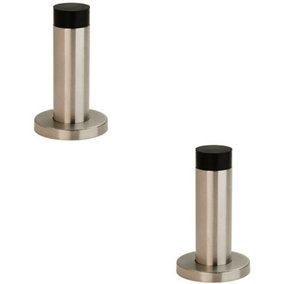 2x Wall Mounted Doorstop Cylinder on Rose Rubber Tip 76 x 22mm Satin Steel