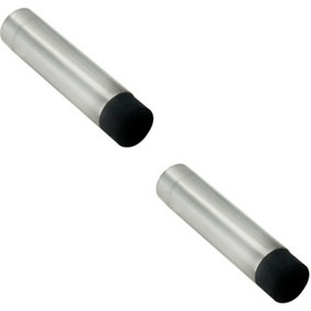 2x Wall Mounted Doorstop Cylinder with Rubber Tip 74 x 16mm Bright Steel